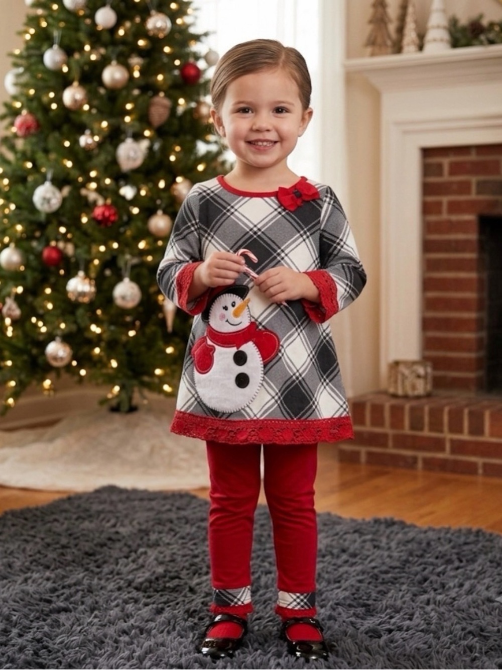 Emily Rose black & white plaid Christmas dress snowman appliqué red lace trim 3T